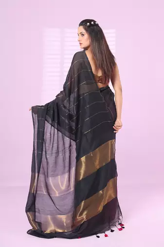 Black and magenta patli pallu cotton soft saree with stripes zari pattern