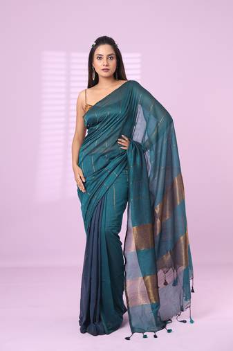 Teal and aegean blue patli pallu cotton soft saree with stripes zari pattern
