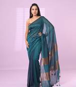 Teal and aegean blue patli pallu cotton soft saree with stripes zari pattern