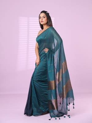 Teal and aegean blue patli pallu cotton soft saree with stripes zari pattern 2