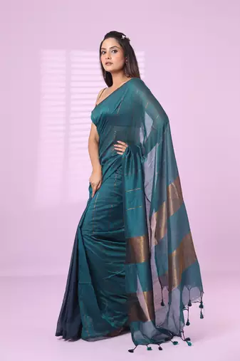 Teal and aegean blue patli pallu cotton soft saree with stripes zari pattern