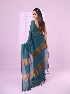 Teal and aegean blue patli pallu cotton soft saree with stripes zari pattern 3