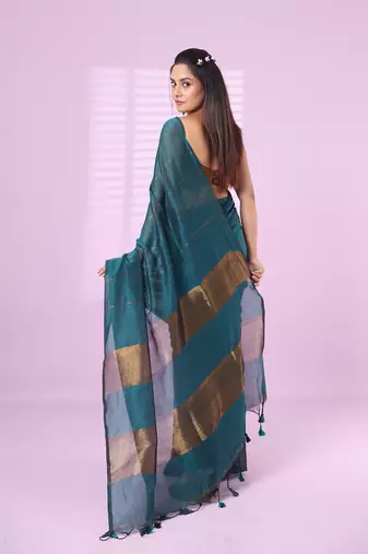 Teal and aegean blue patli pallu cotton soft saree with stripes zari pattern