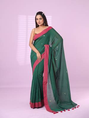 Green cotton sequence work soft saree with contrast border 1