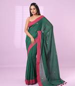 Green cotton sequence work soft saree with contrast border
