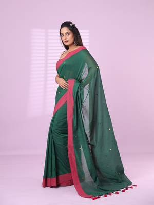 Green cotton sequence work soft saree with contrast border 2