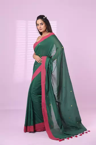 Green cotton sequence work soft saree with contrast border