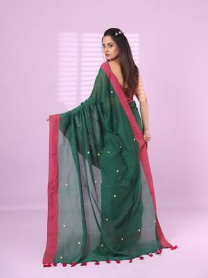 Green cotton sequence work soft saree with contrast border 3