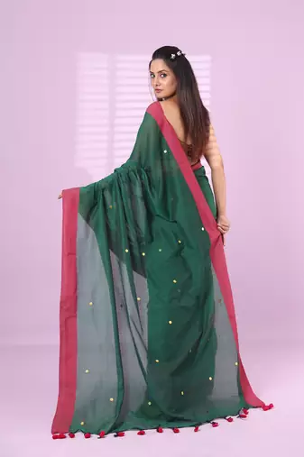 Green cotton sequence work soft saree with contrast border