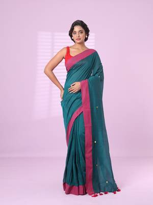 Teal cotton sequence work soft saree with contrast border 1