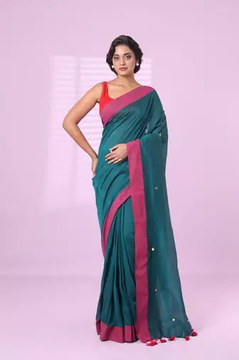 Teal cotton sequence work soft saree with contrast border