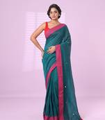 Teal cotton sequence work soft saree with contrast border
