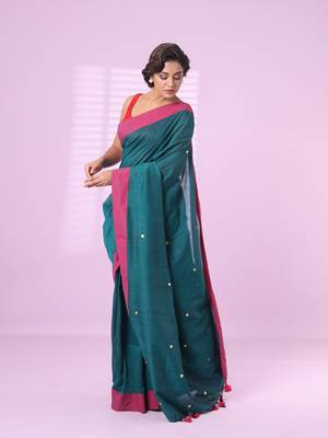 Teal cotton sequence work soft saree with contrast border 2
