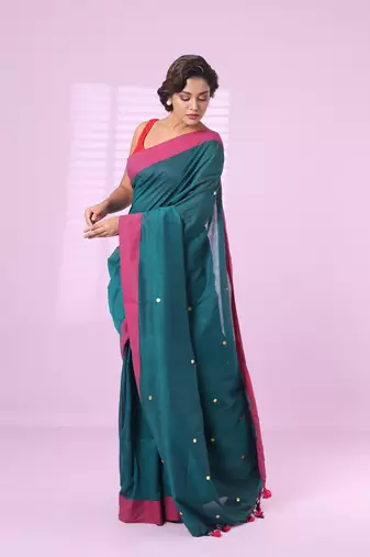 Teal cotton sequence work soft saree with contrast border