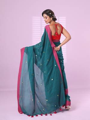 Teal cotton sequence work soft saree with contrast border 3
