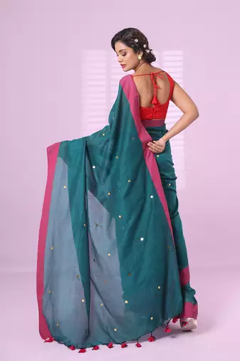 Teal cotton sequence work soft saree with contrast border
