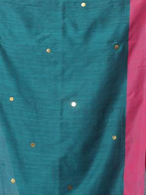 Teal cotton sequence work soft saree with contrast border 4