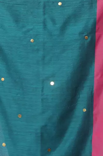 Teal cotton sequence work soft saree with contrast border