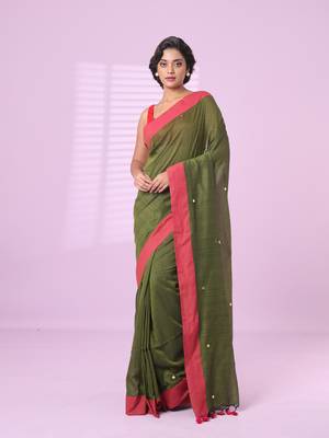 Sap green cotton sequence work soft saree with contrast border 1