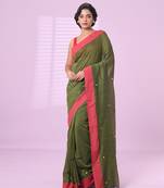 Sap green cotton sequence work soft saree with contrast border