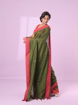 Sap green cotton sequence work soft saree with contrast border 2
