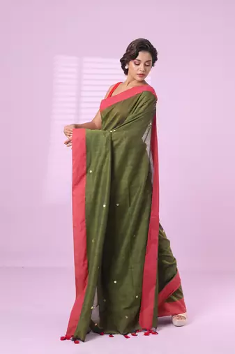Sap green cotton sequence work soft saree with contrast border