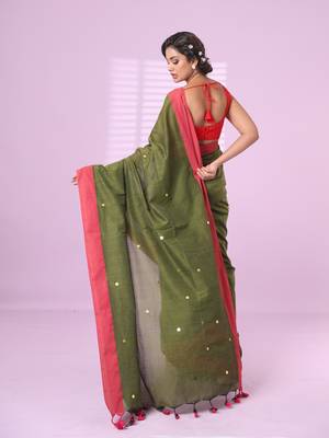 Sap green cotton sequence work soft saree with contrast border 3