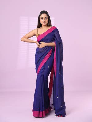 Navy blue cotton sequence work soft saree with contrast border 1