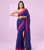 Navy blue cotton sequence work soft saree with contrast border