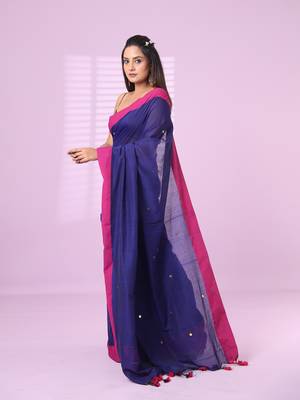 Navy blue cotton sequence work soft saree with contrast border 2