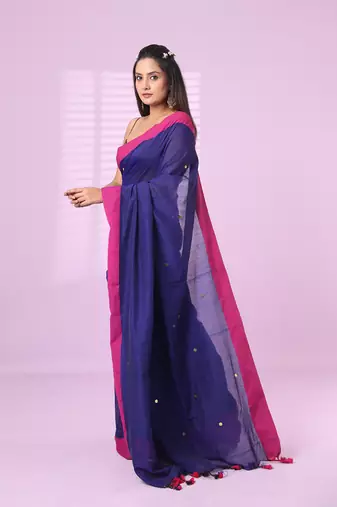 Navy blue cotton sequence work soft saree with contrast border