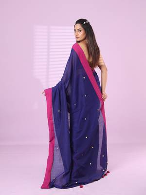 Navy blue cotton sequence work soft saree with contrast border 3