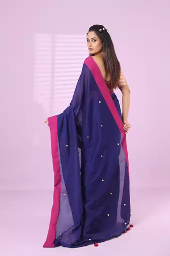 Navy blue cotton sequence work soft saree with contrast border
