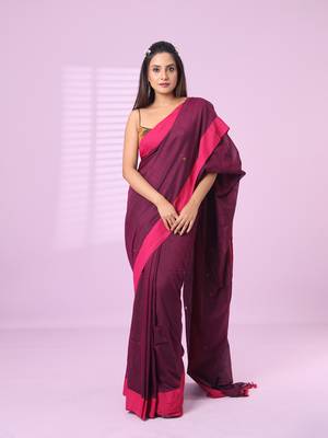 Purple cotton sequence work soft saree with contrast border 1