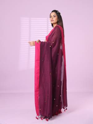 Purple cotton sequence work soft saree with contrast border 2
