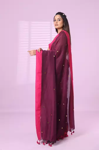 Purple cotton sequence work soft saree with contrast border