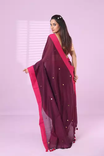 Purple cotton sequence work soft saree with contrast border