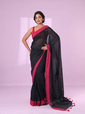 Black cotton sequence work soft saree with contrast border 1