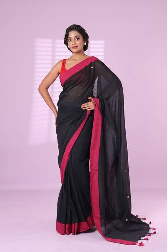 Black cotton sequence work soft saree with contrast border