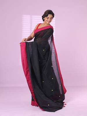 Black cotton sequence work soft saree with contrast border 2