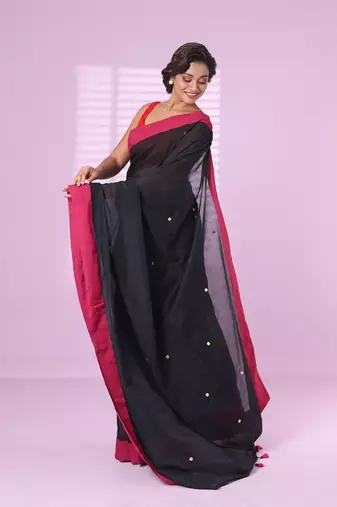 Black cotton sequence work soft saree with contrast border