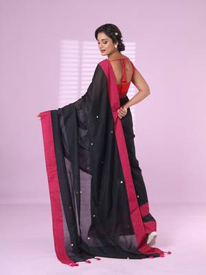 Black cotton sequence work soft saree with contrast border 3