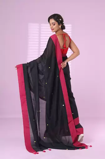 Black cotton sequence work soft saree with contrast border
