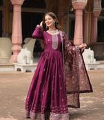 WIINE  DESIGNER WEDDING N KARWA COUTH WEAR EMBROIDERY WORK GOWN WITH DUPATTA 