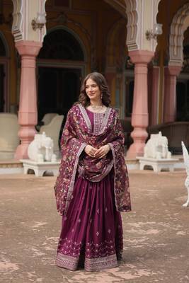 WIINE  DESIGNER WEDDING N KARWA COUTH WEAR EMBROIDERY WORK GOWN WITH DUPATTA  3