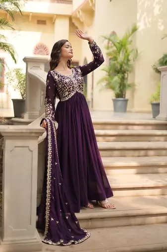 Wine Faux Blooming Georgette With Rich Sequins Multi Embroidered Gown With Dupatta