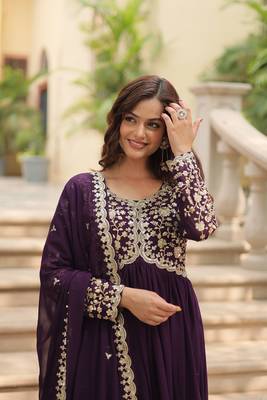 Wine Faux Blooming Georgette With Rich Sequins Multi Embroidered Gown With Dupatta 5