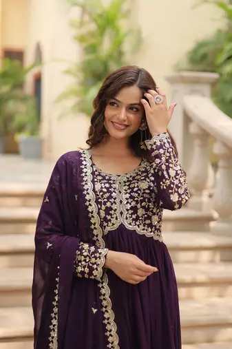 Wine Faux Blooming Georgette With Rich Sequins Multi Embroidered Gown With Dupatta