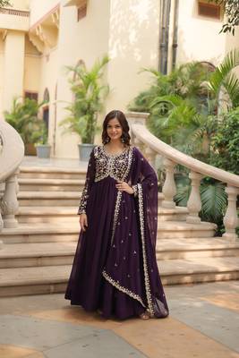 Wine Faux Blooming Georgette With Rich Sequins Multi Embroidered Gown With Dupatta 6