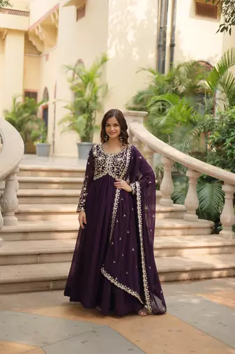 Wine Faux Blooming Georgette With Rich Sequins Multi Embroidered Gown With Dupatta